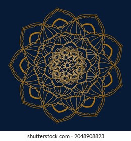 Goldene schöne runde Gradientenmandala auf indigoblauem, isoliertem Hintergrund. Vector boho mandala in Gold. Mandala mit Blumenmustern. Yoga-Vorlage