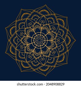 Gold beautiful Round gradient mandala on indigo navy blue isolated background. Vector boho mandala in Gold. Mandala with floral patterns. Yoga template