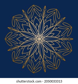 Mandala dorada hermosa de gradiente redonda sobre fondo aislado azul marino. Vector boho mandala en colores dorados. Mandala con motivos florales. Plantilla de yoga
