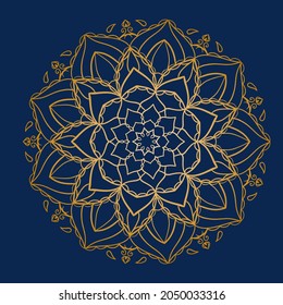 Mandala dorada hermosa de gradiente redonda sobre fondo aislado azul marino. Vector boho mandala en colores dorados. Mandala con motivos florales. Plantilla de yoga