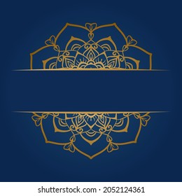 Gold beautiful Round gradient mandala on navy blue indigo background. Vector boho mandala in green and pink colors. Mandala with floral patterns. Yoga template