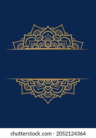 Gold beautiful Round gradient mandala on navy blue indigo background. Vector boho mandala in green and pink colors. Mandala with floral patterns. Yoga template