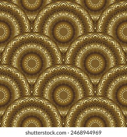 Gold beautiful round tiled floral 3d mandalas seamless pattern. Ornamental vector background. Modern circle radial golden mandalas with lines flowers. Luxury Deco ornaments.  Surface endless texture.