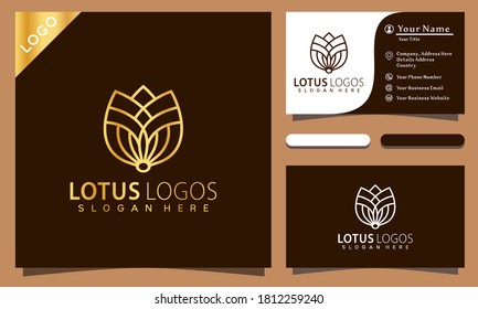 Gold Beauty Lotus diseño de logotipo cosmético ilustración vectorial, elegante y moderno modelo de tarjeta de empresa