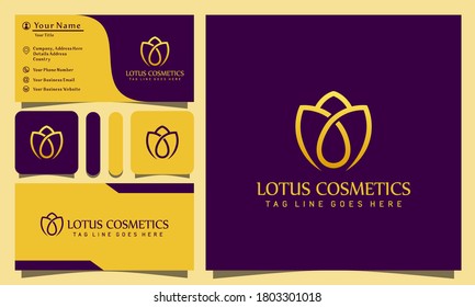 Gold beauty lotus cosmetics luxury logos design vector illustration with line art style vintage, modern company business card template