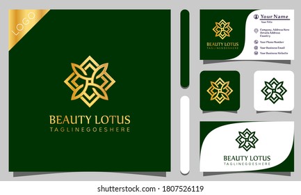 Gold beauty lotus luxury logo design vector illustration with line art style vintage, modern company business card template