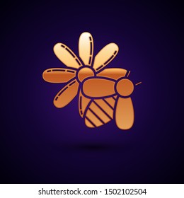 Gold Bee and flower icon isolated on dark blue background. Sweet natural food. Honeybee or apis with wings symbol. Flying insect.  Vector Illustration