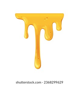 Gold bee honey dripping, trickling down. Sticky melting amber caramel, maple syrup streaming, leaking, flowing. Sweet molten liquid. Flat graphic vector illustration isolated on white background.