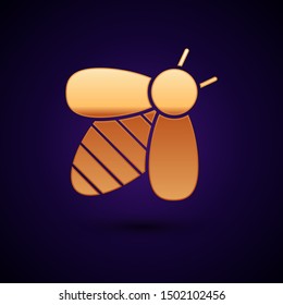 Gold Bee icon isolated on dark blue background. Sweet natural food. Honeybee or apis with wings symbol. Flying insect.  Vector Illustration