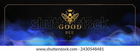 Gold bee logo with a crown  Blue Smoke background. Vector eps 10