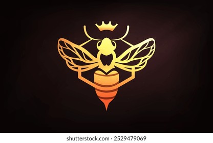 Logotipo de abelha de ouro com uma coroa e raios de luz sobre o fundo preto.  Efeito de sombra transparente. Sombras de folhas.