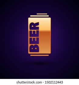 Gold Beer can icon isolated on dark blue background.  Vector Illustration