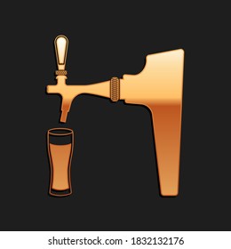 Gold Beer tap with glass icon isolated on black background. Long shadow style. Vector.