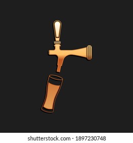 Gold Beer tap with glass icon isolated on black background. Long shadow style. Vector.