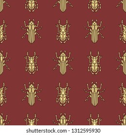 Gold beetles ancient bugs seamless pattern doodling svg