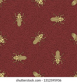 Gold beetles ancient bugs seamless pattern doodling