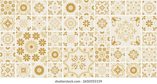 Ouro Bege Azulejo Português Azulejo Azulejo Vetor Padrão Sem Costura, Papel de Parede Geométrico Mosaic Set, Tamanho Grande Tradicional Mediterrâneo Italiano Floral, Espanhol Cerâmica ou Mexicano Talavera Ornamentos