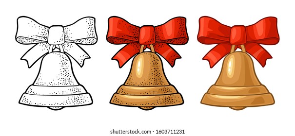 Gold bell with red bow. Isolated on white background. Vector vintage color flat and engraving illustration.