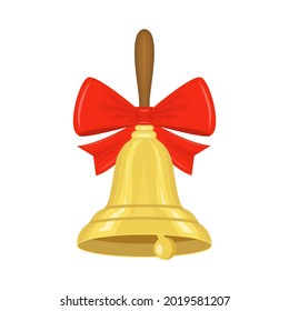 Gold bell with red bow. School bell. Flat vector illustration isolated on white background.
