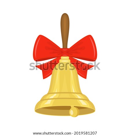 Gold bell with red bow. School bell. Flat vector illustration isolated on white background.