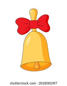 Gold bell with a red bow. The symbol of the day of knowledge on September 1. Colored isolated illustrations in cartoon style on a white background.