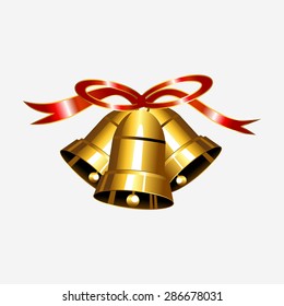 Gold bell with red ribbon illustration. Christmas bell illustration. Jingle bell vector.