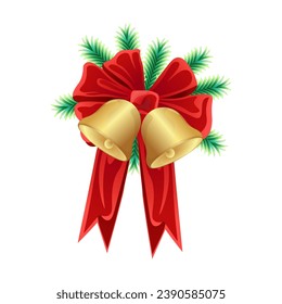 Gold bells decorated with red ribbons and leaf decorations on a white background, perfect for Christmas celebrations