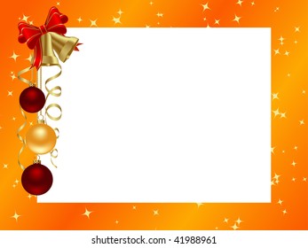 Gold bells decorative frame. Orange ornamental christmas frame. Vector illustration.