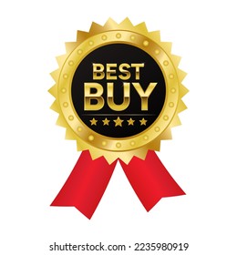 Gold Best Buy stamp medal with stars and red ribbon vector illustration
