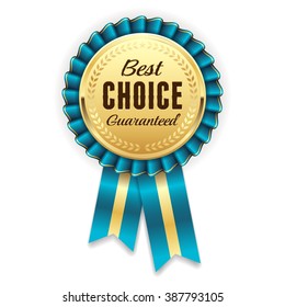 Gold best choice rosette, badge with light blue ribbon on white background