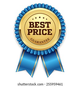 Gold Best Price Badge With Blue Ribbon On White Background