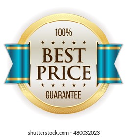 Gold best price badge / button with blue ribbon on white background