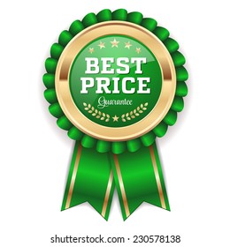 Gold best price badge with green ribbon on white background