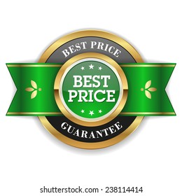 Gold best price badge with green ribbon on white background