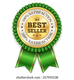 Gold best price badge with green ribbon on white background