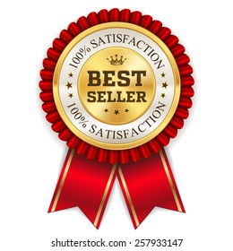 Gold best price badge with red ribbon on white background