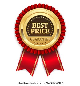 Gold best price badge with red ribbon on white background