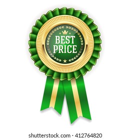 Gold best price badge, rosette with green ribbon on white background