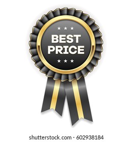 Gold best price badge / rosette with black ribbon on white background