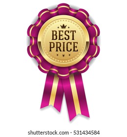 Gold best price rosette / badge with purple ribbon on white background