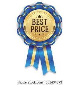 Gold Best Price Rosette / Badge With Blue Ribbon On White Background