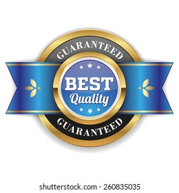 Gold best quality badge with blue ribbon