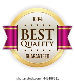 Gold best quality button,badge with purple ribbon on white background
