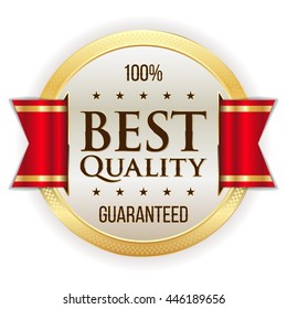 Gold best quality button,badge with red ribbon on white background