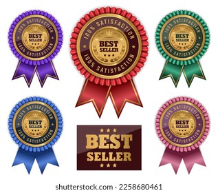Gold best seller badge with ribbon. Collection set on white background. Vector illustration.