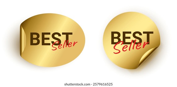 Gold Best Seller sticker labels, Ellipse and Circle curl golden shiny glossy badge vector design, use to your Premium product, banner decorative cover of your product book shopping website