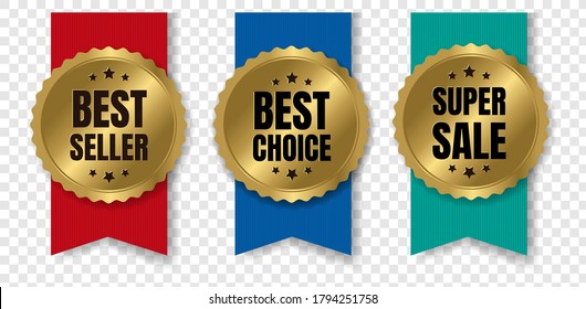 Gold Bestseller And Sale Badge With Ribbon Transparent Background With Gradient Mesh, Vector Illustration