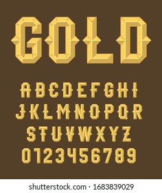 Gold beveled font. Vector alphabet. Gold letters, numbers on a dark background. Set for your headlines, posters, etc.