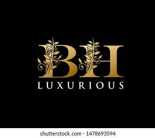 Gold BH Letter Luxury Logo. Vintage Letter BH With Floral Shape design perfect for fashion, Jewelry, Beauty Salon, Hotel Logo. Cosmetics, Spa Logo. Resort and Restaurant Logo. 