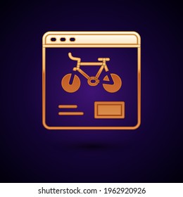 Gold Bicycle rental mobile app icon isolated on black background. Smart service for rent bicycles in the city. Mobile app for sharing system.  Vector